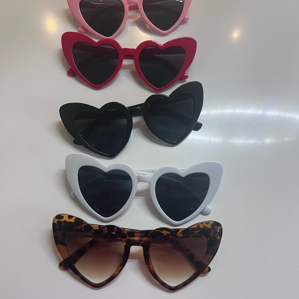 Heart-Shaped Sunglasses Set - Pink, Red, Black, White, and Leopard.